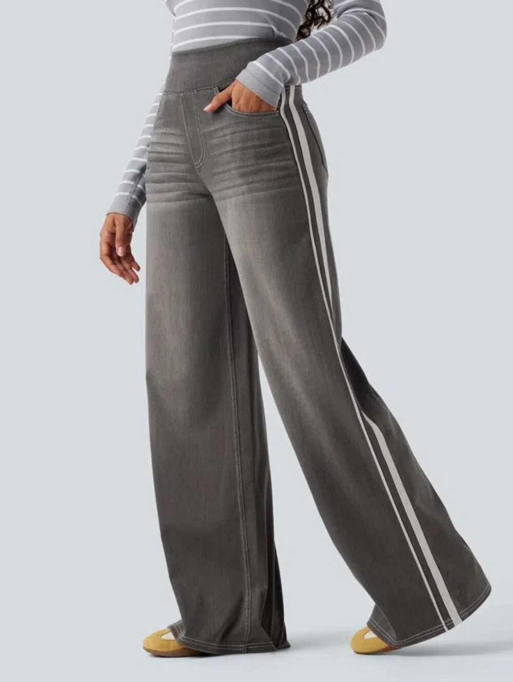 Halara Flex™ High Waisted Stripe Wide Leg Flowy Washed Jeans with Pockets